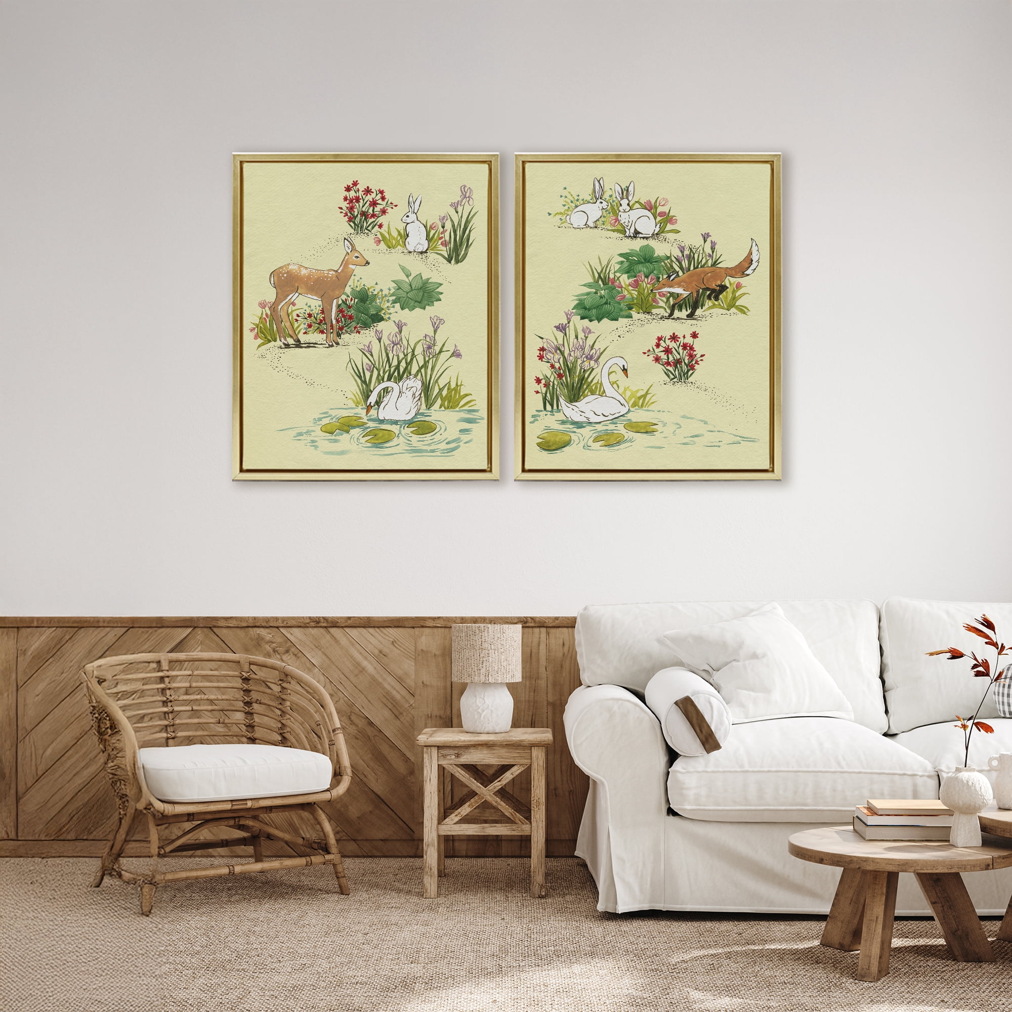Stupell Industries Spring Animals in Nature 2 Piece Gold Framed Floater Canvas Set, design by Grace Popp