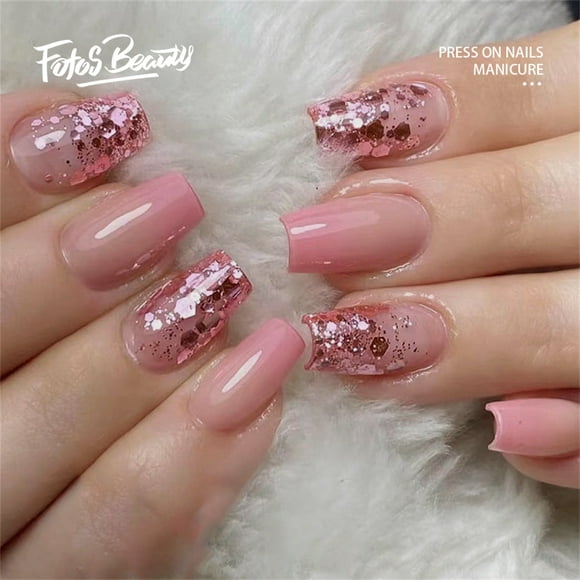 Fofosbeauty 24pcs Press on False Nails,Acrylic Nails for New Year Valentine's Gift,Coffin Girly Gradient Pink
