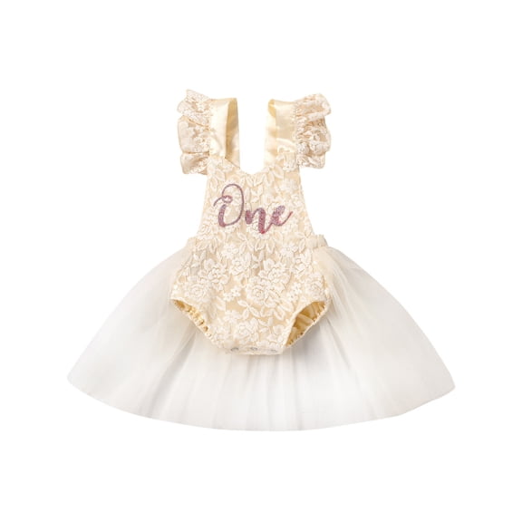 Aunavey Baby Girl One 1st Birthday Outfits Princess Lace Ruffle Short Sleeve Romper Tulle Tutu Dress