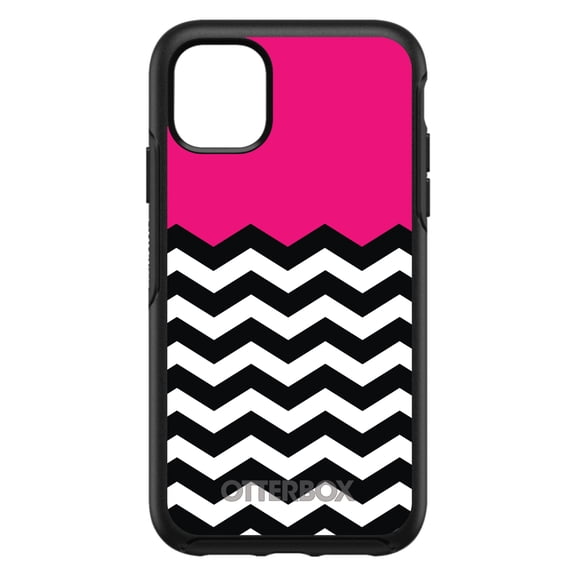 DistinctInk OtterBox Symmetry Custom Case for Apple iPhone 15 (6.1" Screen) - Black & White Chevron Stripes Pattern - Shockproof Protection