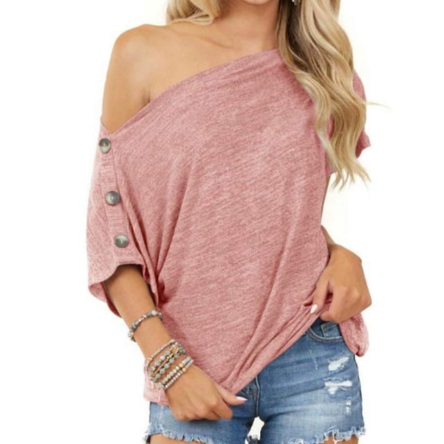 Blusa de verano para mujer con hombros descubiertos, camisa informal sin mangas, camiseta básica de color liso para el trabajo y las compras, rosa XL, mezcla de poliéster