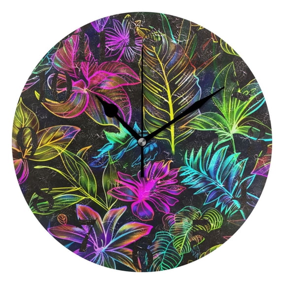Neon Leaf Round Wall Clock Battery Operated Silent Non-Ticking Bedroom Office Kitchen Home School Decor 10"(Black)