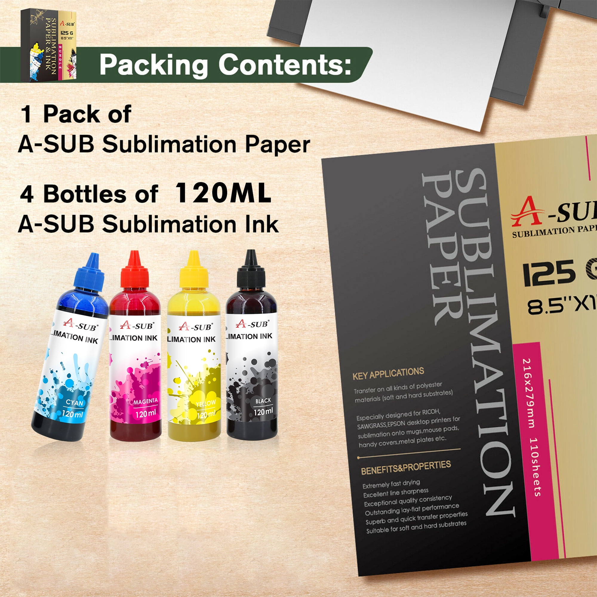 Bundle Kit I 110 Sheets A-SUB Sublimation Paper 125g 13x19 + 480ML A-SUB Sublimation Ink for All Inkjet Printers Heat Transfer, ET-2400 2803 2800 4800 WF ST-2000 SC F170 etc