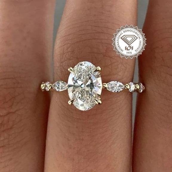 solitaire jewels IGI Certified 1.5CT Oval Lab Grown Diamond Soloitaire Engagement Ring For Women, 14K Yellow Gold, EF Color VS Clarity