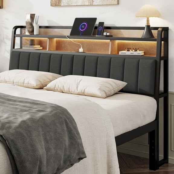 King Headboard Only with Storage, Upholstered Headboards for King Size Bed with LED Light, Charging Station, Height Adjustable, Sturdy and Stable Headboard, Black & Brown