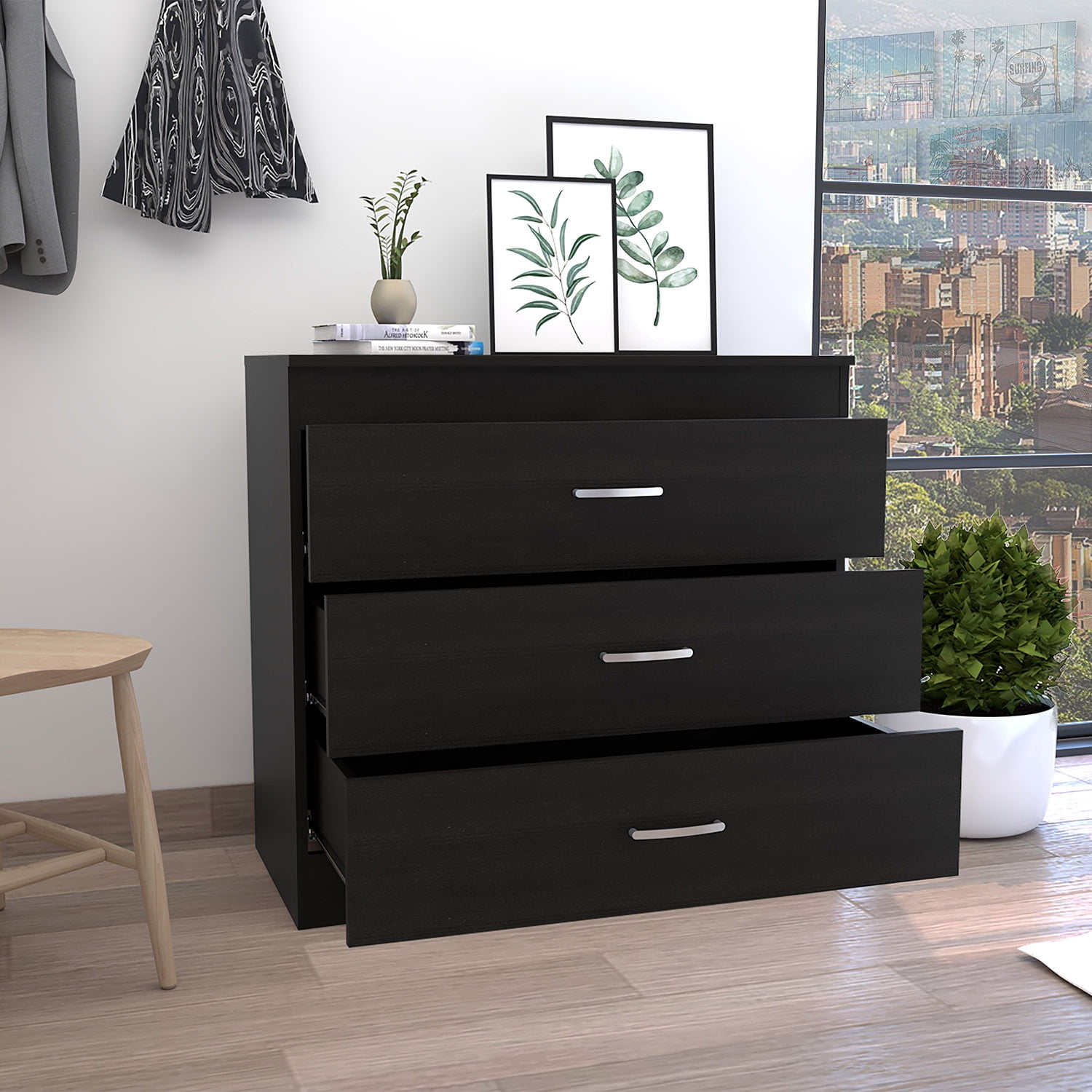 Kadyn Three Drawer Dresser, Chest of Drawers with Metal Hardware, Nightstand for Living Room, Black Storage Cabinet Kadyn Three Drawer Dresser, Chest of Drawers with Metal Hardware, Nightstand for Living Room, Black Storage Cabinet