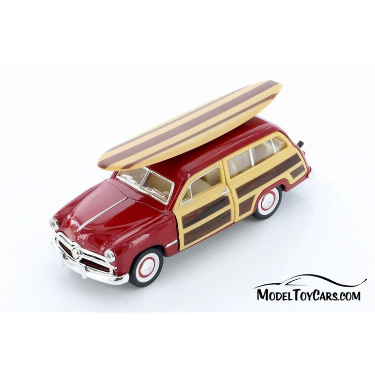 1949 Ford Woody Wagon with Surfboard Hardtop, Red - Kinsmart