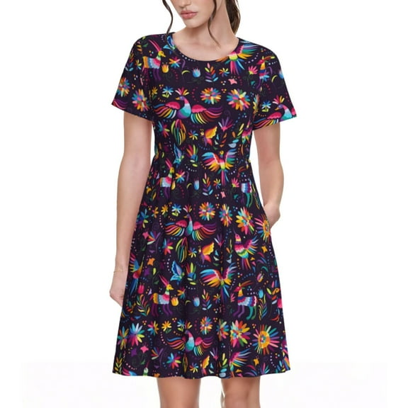 Rateoe Mexican Flowers Birds Pattern Women’s Short Sleeve Dress – Casual Elegant Summer A-Line Dress for Everyday Wear