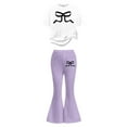 thumbnail image 3 of ZHOGXU Big Kids Girls Outfit Bow Printed Short Sleeve Round Neck Top And Flare Leg Pants Two Piece Comfortable Fashion Sets For Daily Wear Purple 7-8 Years, 3 of 5
