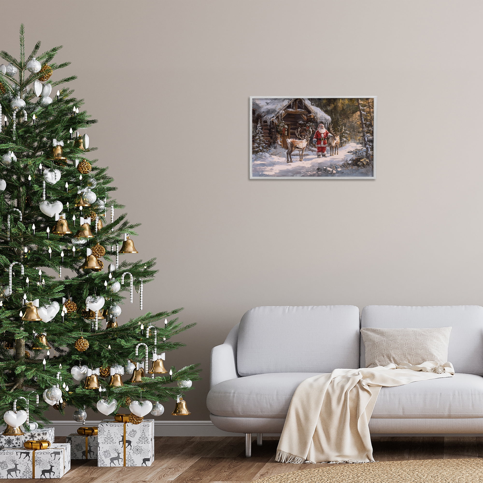 Stupell Industries Traditional Santa by Cabin Holiday Painting Gray Framed Art Prints Wall Art, 24 x 16