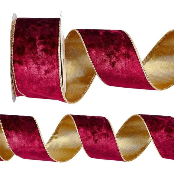 10 Yards Red Velvet Wired Ribbon 2-1/2 inch Golden Edges Wine Red Crushed Velvet Christmas Ribbon for Gift Wrapping Wedding Holiday Decoration Crafts Wreaths Topper Bows