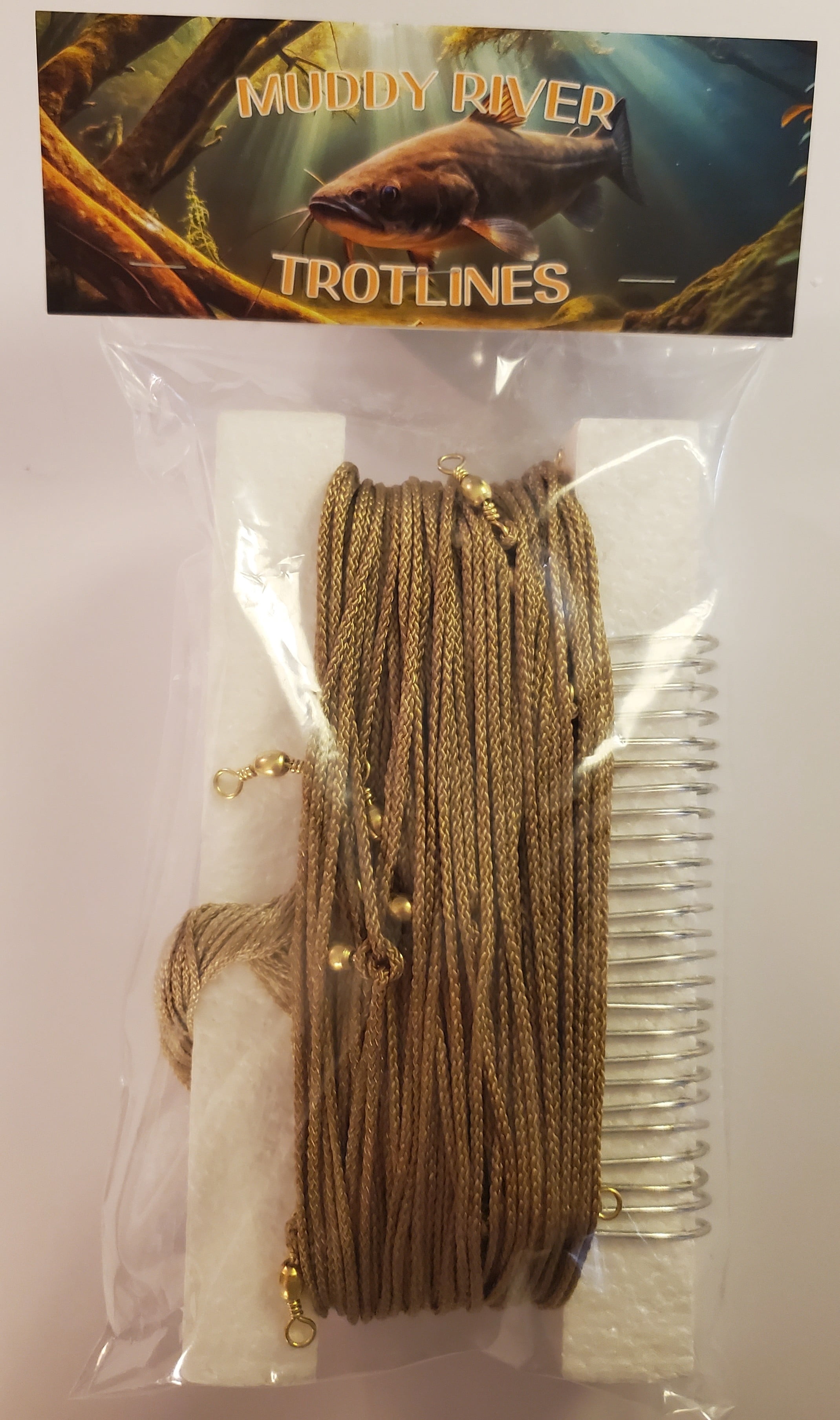 Muddy River Trotline. Complete trotline kit Including Mainline prerigged with swivels, Leader Lines and Hooks., 150 feet