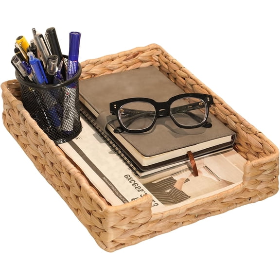 Water Hyacinth Letter Tray for A4 File Desk Mail Letter-Size Paper, Basket Woven Organizer, Magazine Files Storage, Office Document Organizer and Storage