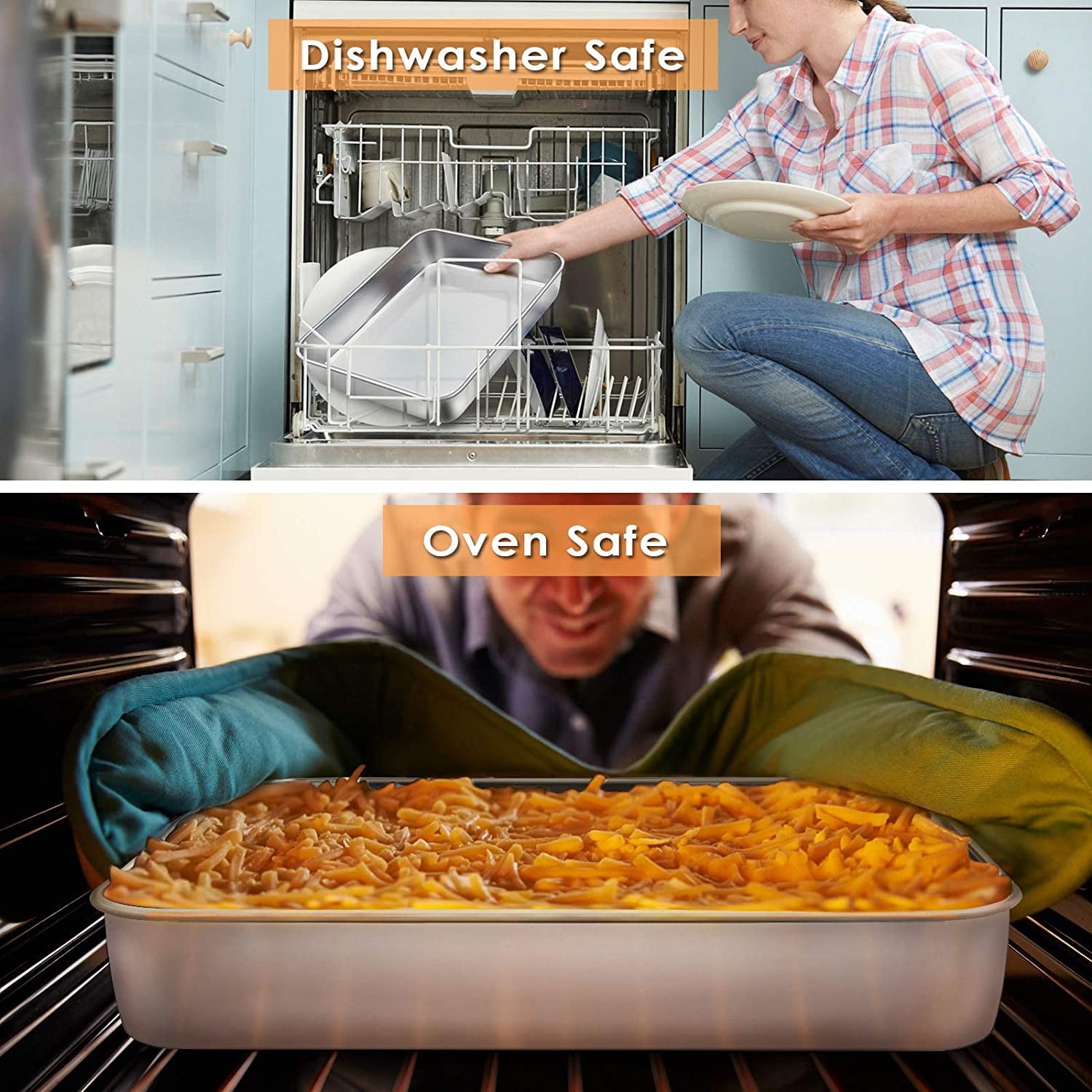 Vesteel Stainless Steel Baking Pan with Lid, 10.4 x 8 x 2 Inch Rectangle Sheet Cake Pans with Covers Bakeware for Cakes Brownies Casseroles, Non-toxic & Dishwasher Safe - Set of 2