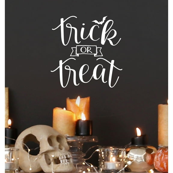 Trick or Treat (cursive) square Vinyl Lettering Wall Decal Halloween Decals and Stickers Wall Decor Craft - Size: 6"H x 6"L - Color: White