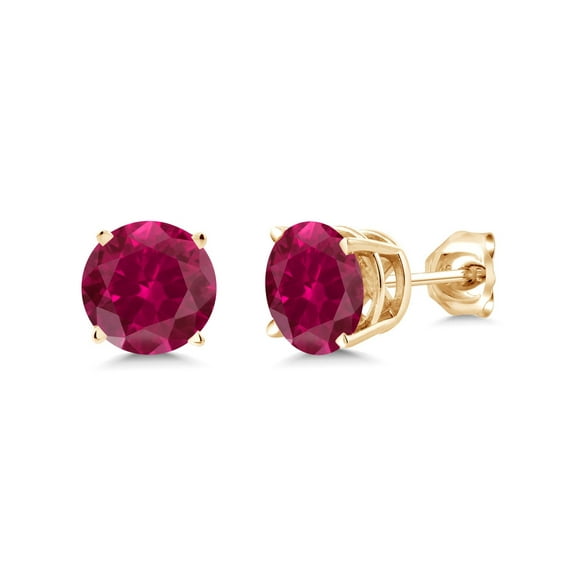 Gem Stone King 18K Yellow Gold Plated Silver Created Red Ruby Stud Earrings for Women Men (2.00 Cttw, Round 6MM)