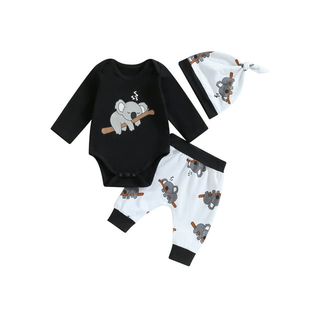 Gupgi Baby Boys Long Sleeve Koala Print Romper+Long Pants+Hat Infant 3Pcs Spring Outfits Set