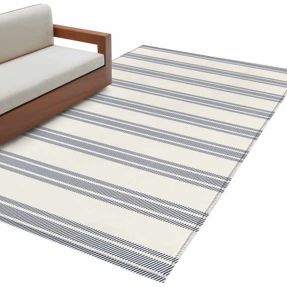 Blue Striped 3'x5' Washable Rug, Modern Stripes Farmhouse Non-Slip Area Rugs for Entryway Kitchen Classroom, Dorm Throw Carpet, Low Pile Soft Indoor Floor Mat