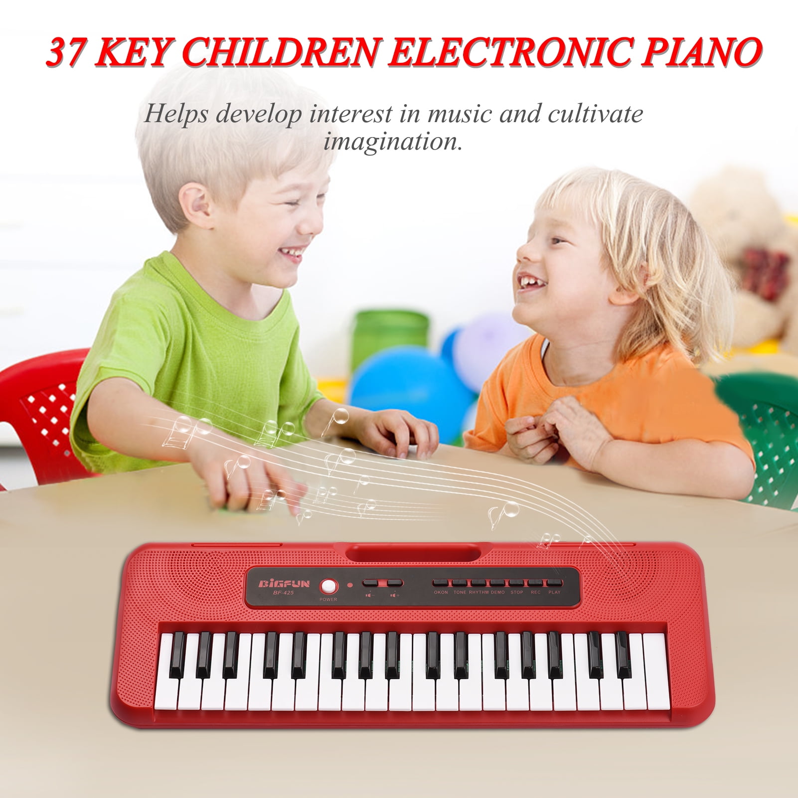 Early Education Gift for Children… BIGFUN Portable Rechargable Kids Keyboard Piano Light and Easy to Bring It Everywhere 37Key Electronic Music Keyboard with Headphone Jack&Microphone and Strap 