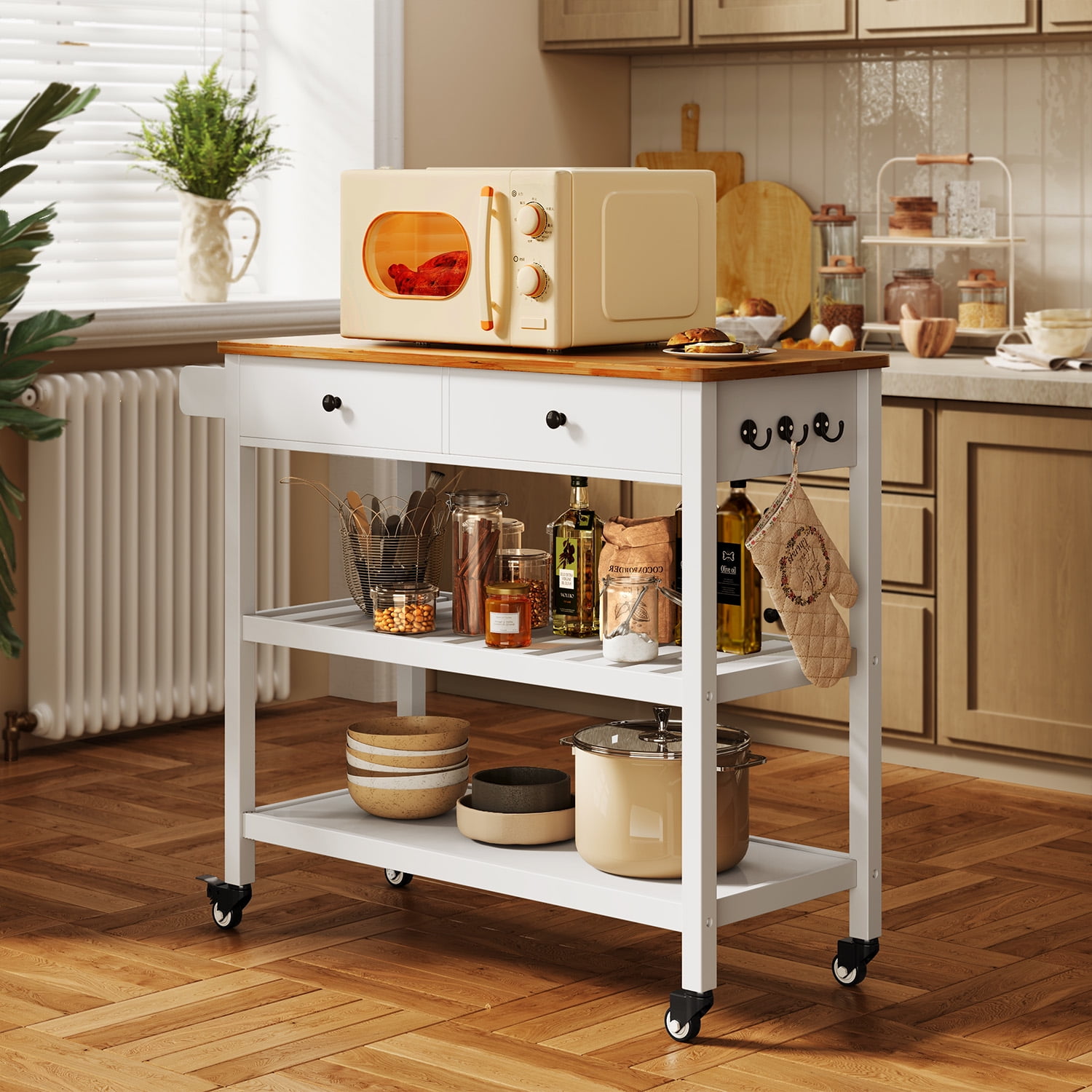 Kitchen Island Cart on Wheels with 2 Open Tiers Storage Shelves, White
