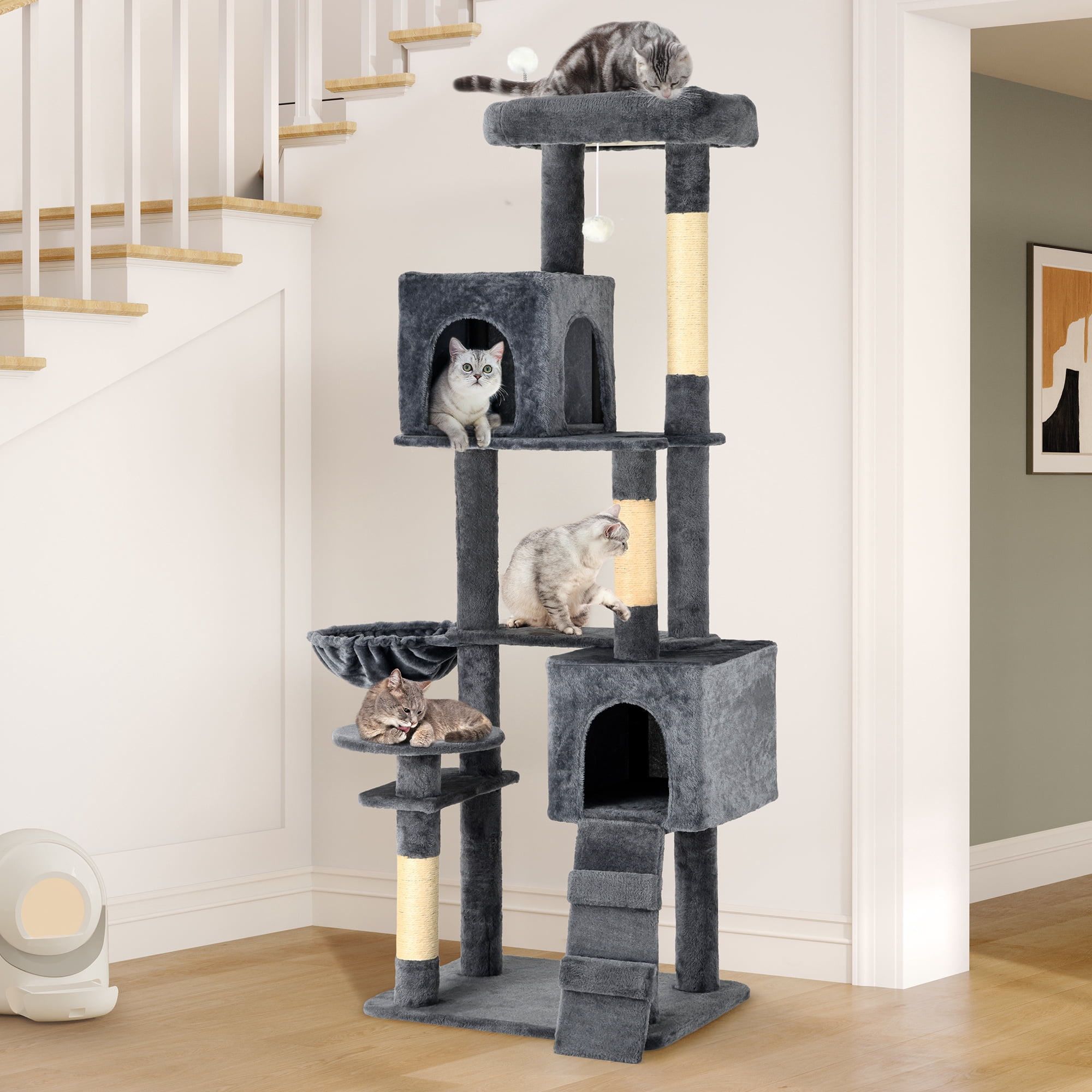 70.8in Cat Tree Tower for Indoor Cats, Multi-Level Cat Furniture with Scratching Posts,Cat Window Padded Plush Perch,Cozy Basket and Funny Toys for Kittens Pet Play House,Dark Gray