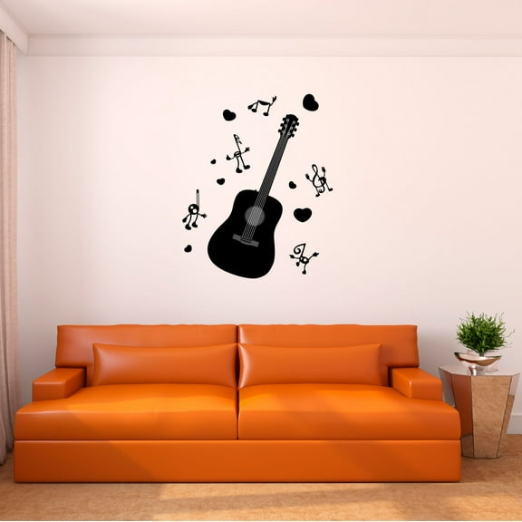 Music Wall Decal Guitar with Dancing Music Notes Bedroom Wall Decal for Boys Instrument Cute Themed Room Décor - Size: 8 In x 10 In