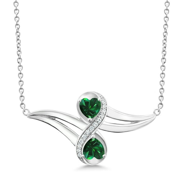 Gem Stone King 925 Sterling Silver Green Simulated Emerald and White Created Sapphire 2 Heart Infinity Pendant Necklace for Women (1.13 Cttw, Heart 5MM, with 18 inch Silver Chain)