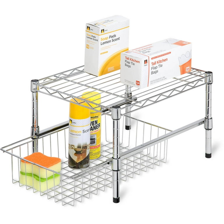 Chrome Large Cabinet Organizer with Basket and Adjustable Shelf
