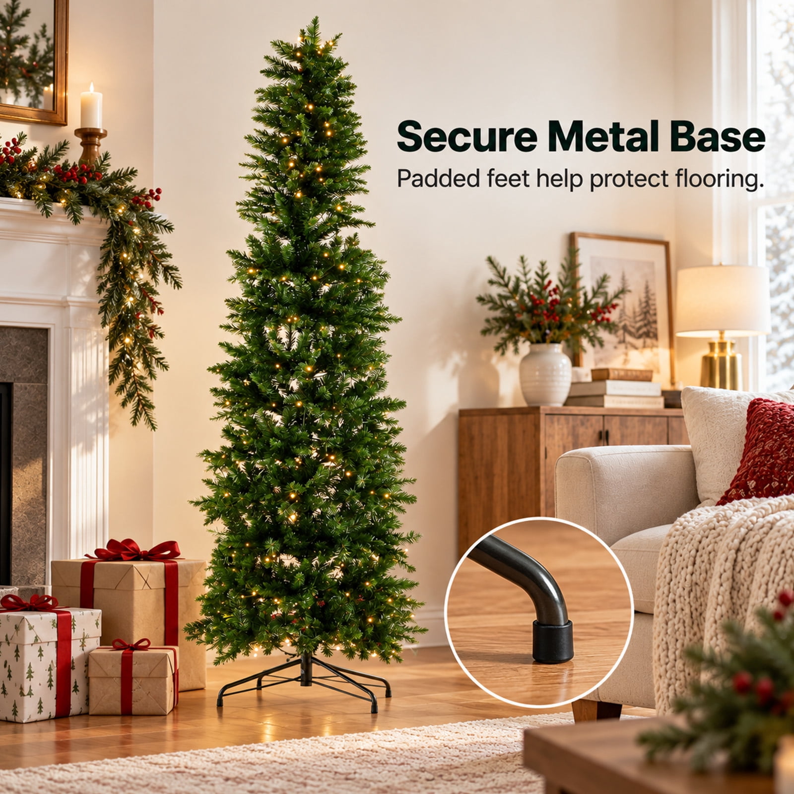 Alvantor Prelit Pencil Christmas Tree, 500 Warm White LEDs, Metal Stand, Small Spaces, Green 9FT