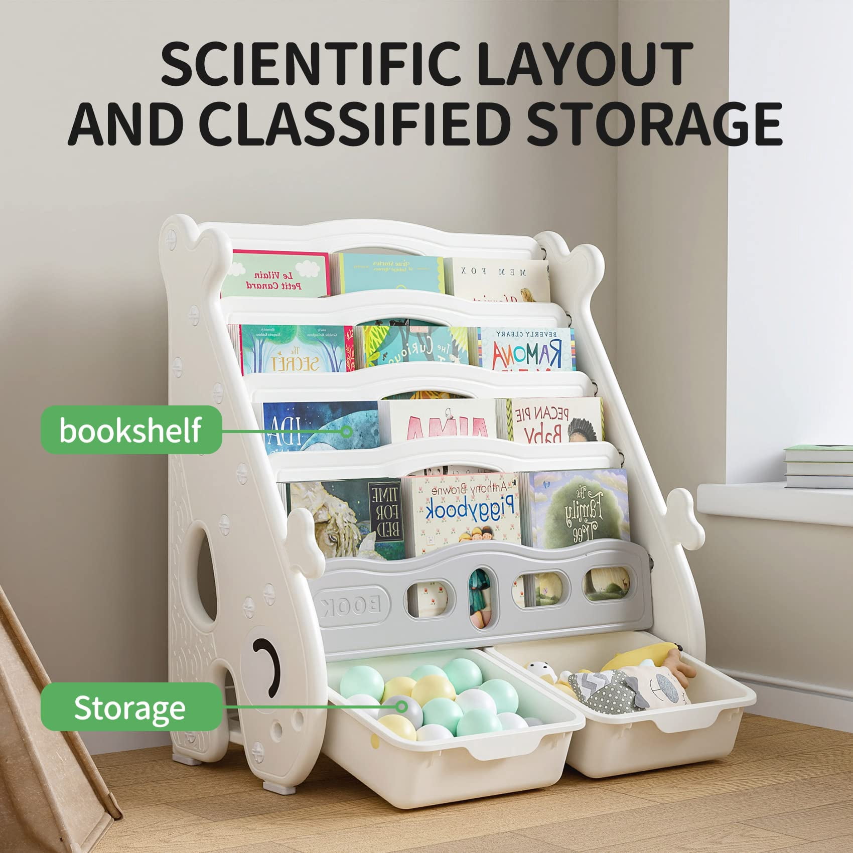 UNICOO® Kids 5 Tier Bookshelf with 2 Toy Bins, Children Bookshelf & Toy Organizer Baby Whale Bookshelf (White)