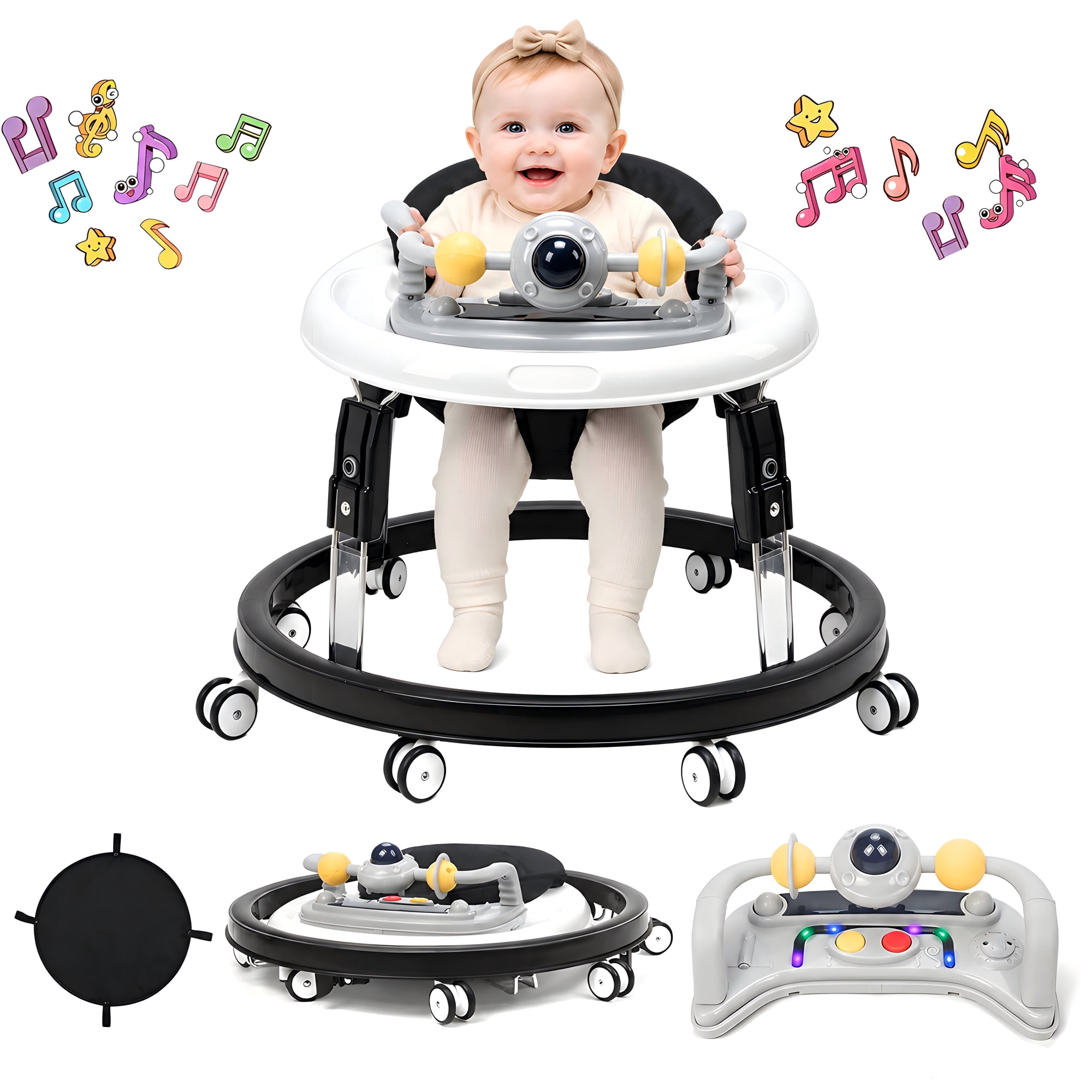 PRVAETU Foldable Baby Walker Activity Center W/ Music Toy,Wheels,Height Adjustable,Foot Pad for 6-18 Months Babies Infant Boys Girls,Black