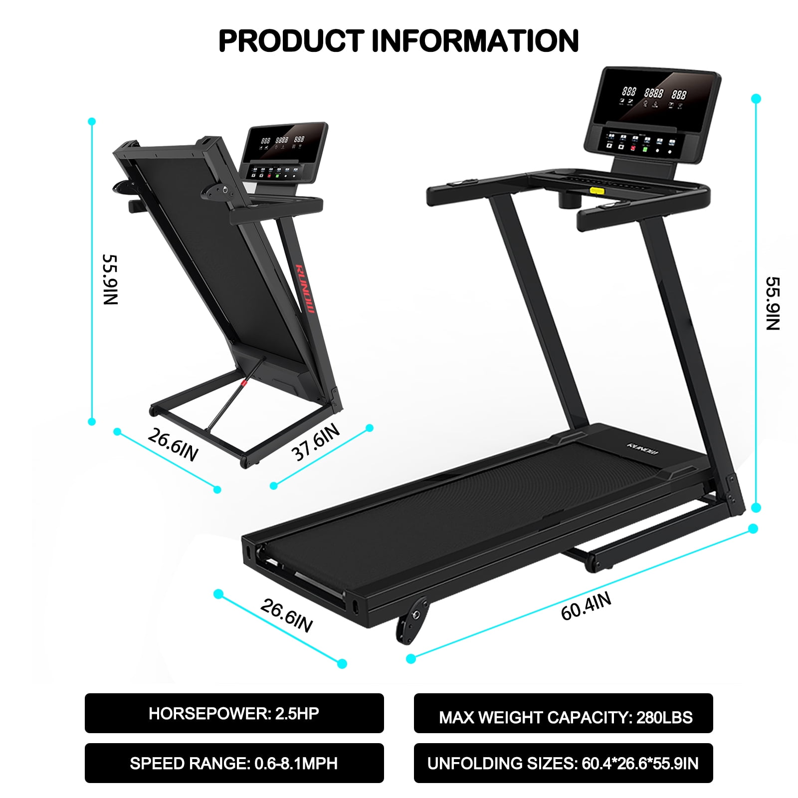 RUNOW 2.5 HP Treadmill with Manual Incline, 8.1MPH Folding Treadmill with Heart Rate Monitor and 40 Programs , Easy Assembly Electric Running Machine for Home & Office