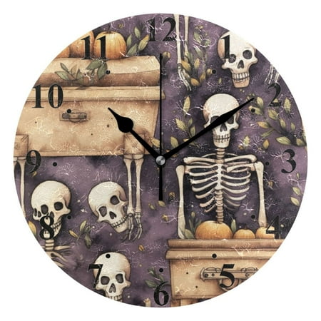 Human Skeleton with Pumpkins Black 10 inch Wall Clocks Non Ticking Easy to Read Battery Decorative for Home Bathroom Kitchen Bedroom Living Room