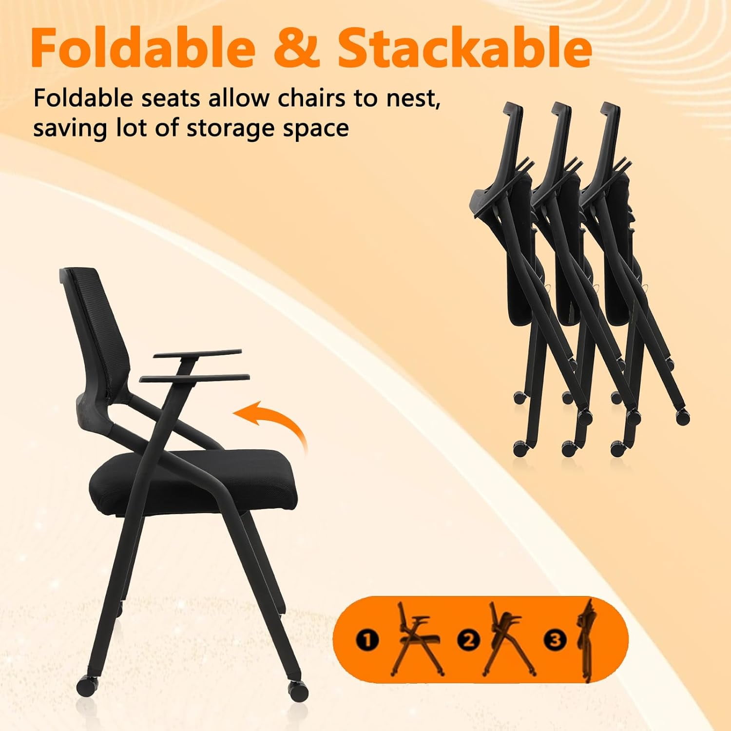 CLATINA Ergonomic Stackable & Foldable Conference Room Chairs, Mesh Office Chair with Arms and Wheels for Office Waiting Room Meeting Black Lobby Church School Receptions and Training Black (4 pk)