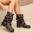 thumbnail image 4 of hopeusnice Women Mid Calf Slouch Boots With Double Buckle Straps Low Heel Leather Upper For Edgy And Casual Style Brown 41, 4 of 9