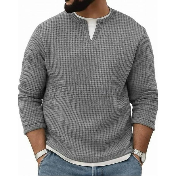 pstuiky Sudadera con capucha y cuello abierto para hombre, manga larga, dos piezas falsas, parte superior en contraste, jersey holgado, camiseta de manga larga y cuello redondo para hombre.