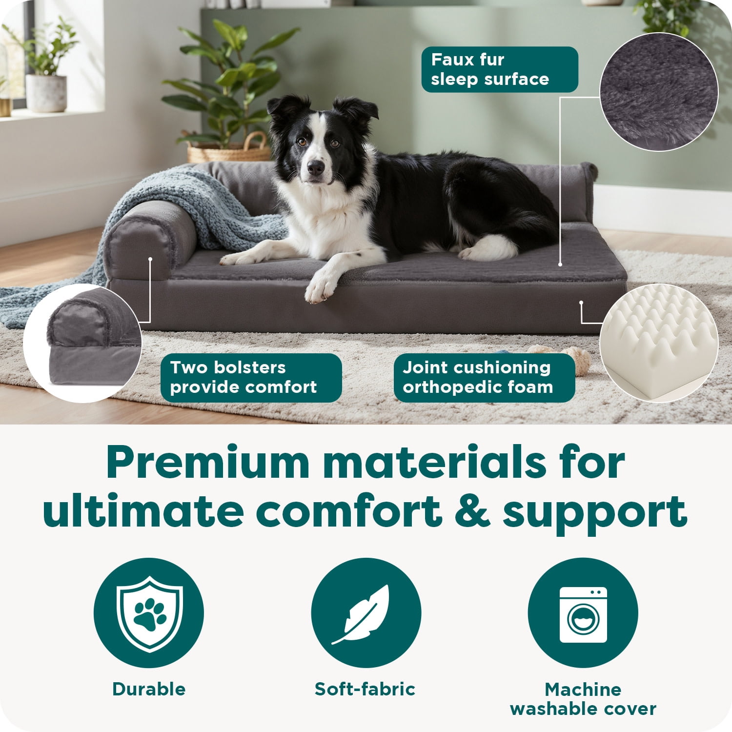 FurHaven Pet Products Plush & Velvet Deluxe Chaise Lounge Orthopedic Sofa-Style Pet Bed for Dogs & Cats - Platinum Gray, Large