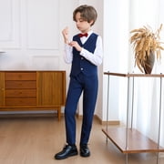 Boys Formal Suit 6 Piece Set Slim Fit Kids Tuxedo Suits for Wedding Teen Toddler Boy Dress Suit Outfit Navy 13-14 Years