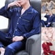 thumbnail image 1 of Conjunto de pijama de 2 piezas de seda sintética con un solo pecho y cárdigan de talla grande para hombre, ropa de dormir para el hogar., 1 of 7