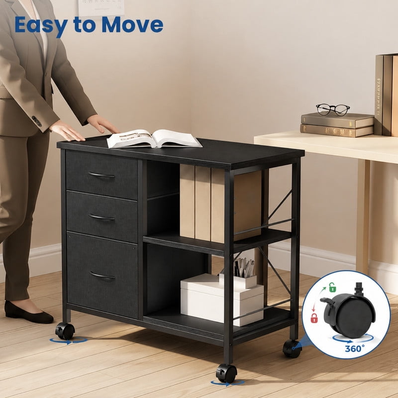 Kelno Rolling File Cabinet with Adjustable Shelf 3 Fabric Drawers Lockable Wheels, Black