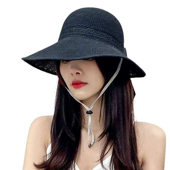 Women Foldable Wide Brim Straw Hats, Roll Up Sun Visors Bow Summer Beach Hat