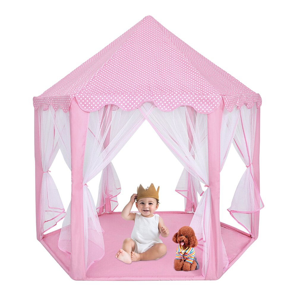 ODOMY Hexagonal Princess Tent Castle Large Kids Play House with Star Lights Pink Play Tents