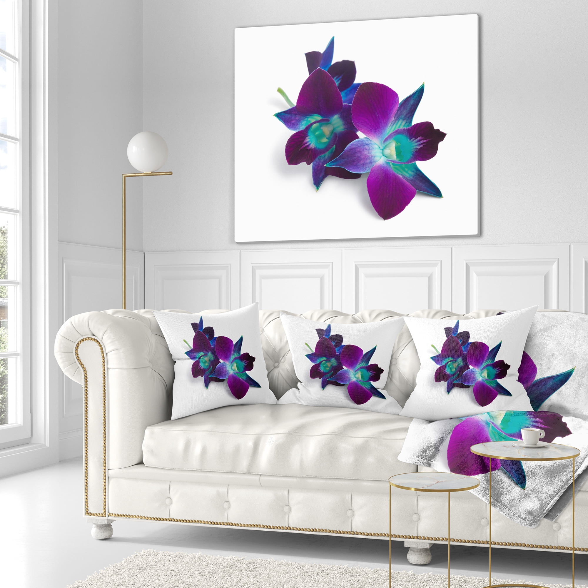 Designart Deep Purple Orchid Flowers on White - Flowers Throw Pillowwork - 16x16