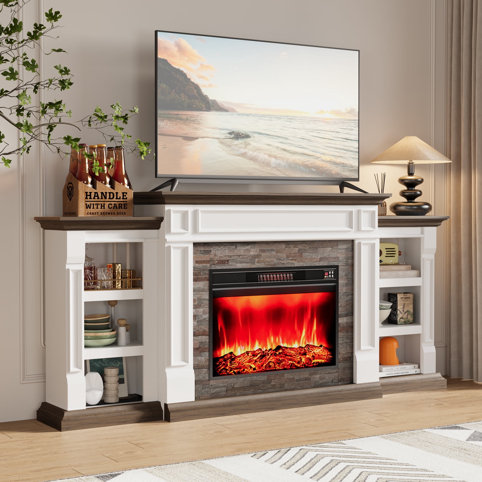 80" Fireplace Mantel with 30" Electric Fireplace and Bookshelves, Wooden Storage Freestanding Heater with Remote Control,White & Brown