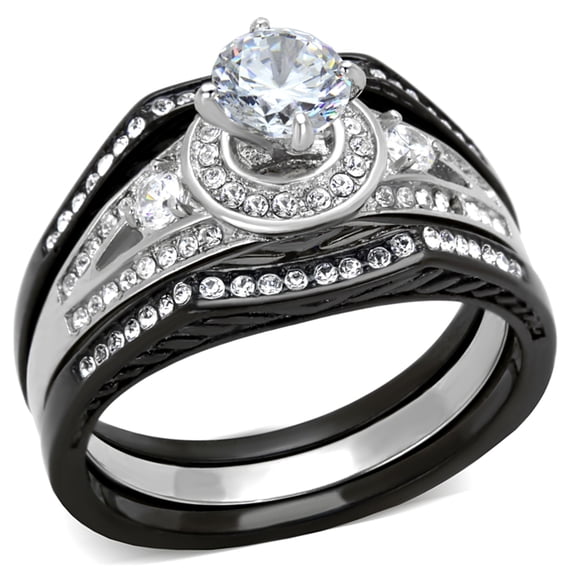 Luxe Jewelry Designs 3-Piece Women's Stainless Steel Wedding Ring Set with Clear Cubic Zirconia,