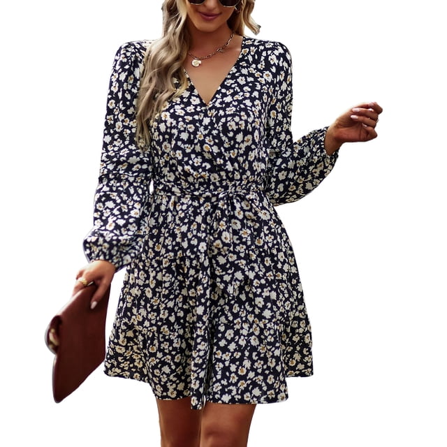 Vestido De Mujer Con Estampado Floral, Poliéster Suelto Vestido Midi De Mujer Media Altura Manga Larga Cuello En V Para El Trabajo ANGGREK XL negro