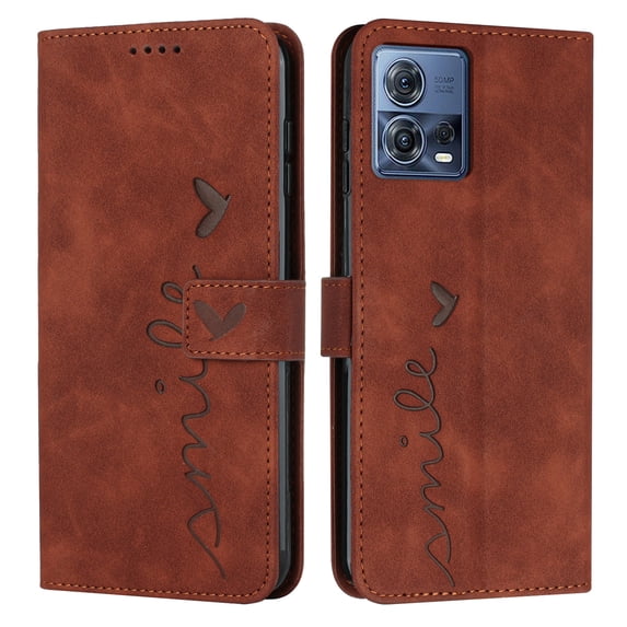 Nalacover for Motorola Moto S30 Pro Flip Wallet Case,Luxury Love Heart Embossed PU Leather Shockproof Soft TPU Folio Kickstand Card Slots Phone Cover with Wrist Strap for Women Men,Brown