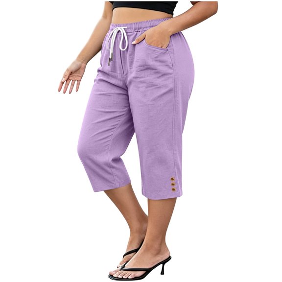 Lenpel Plus Size Capri Pants for Women Fall Cotton Linen High Waisted Loose Cropped Trousers with Pockets Casual Trendy Button Capris(Purple dd4,X-Large)