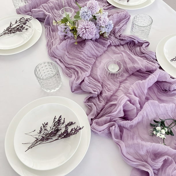 Nvzi Camino de mesa de gasa para boda romántica, estilo rústico bohemio, elegante decoración natural de gasa, 35 x 118 pulgadas (morado)