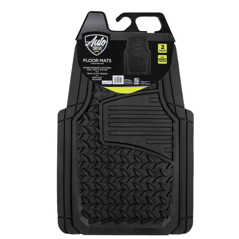Auto Drive 2PC Rubber Floor Mats Diamond Plate Black Universal